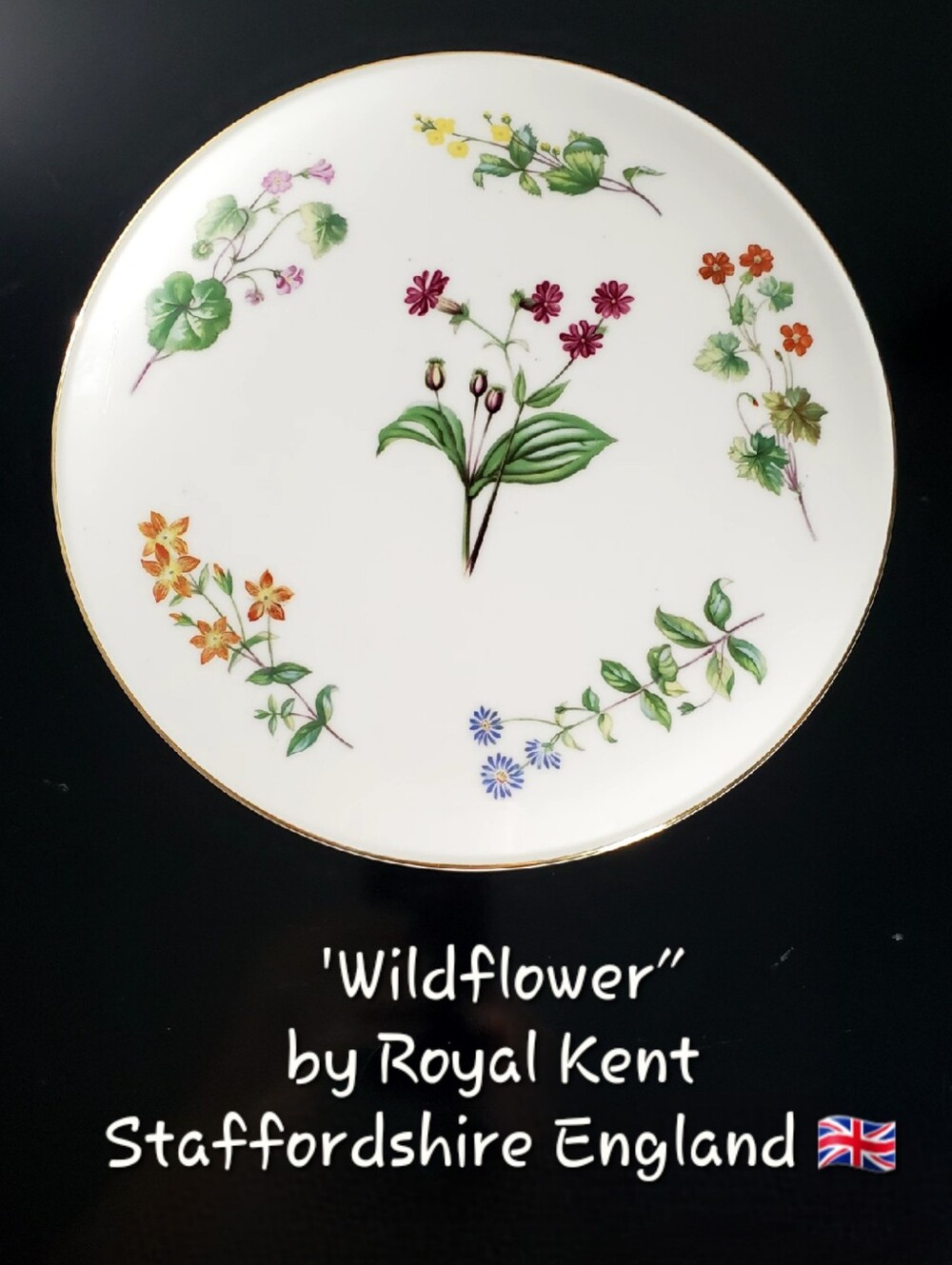 11" Bone China Wild Flower Botanic Gold Gilt Rim Cake Plate Serving Platter